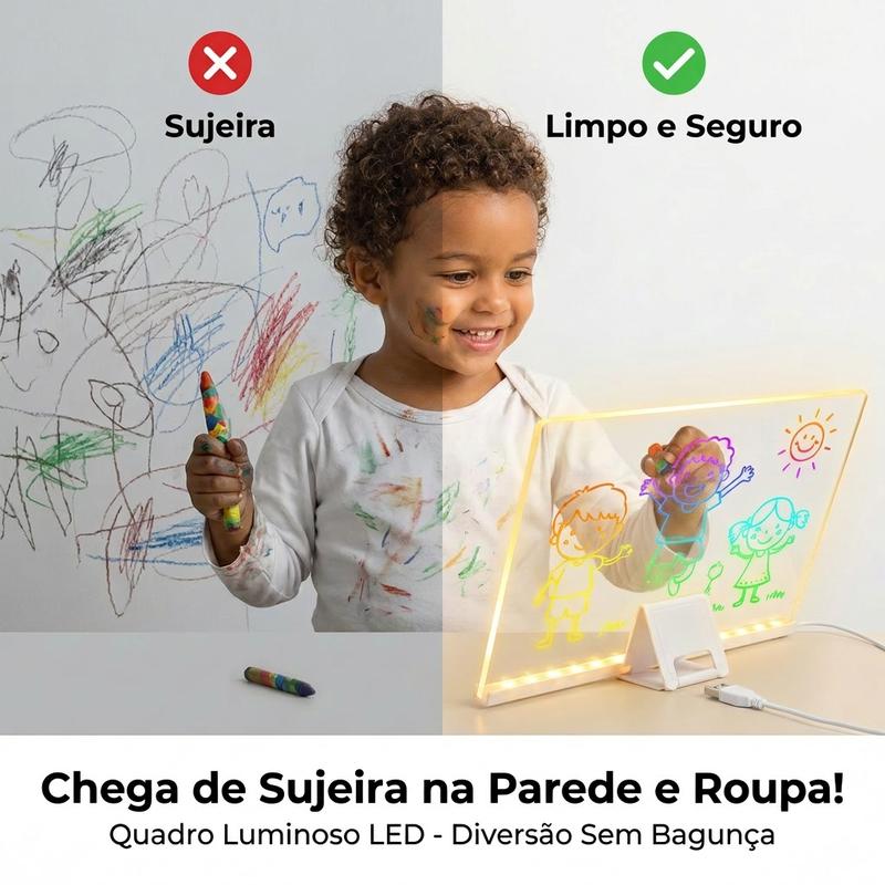 Criança desenhando na lousa luminosa em vez da parede
