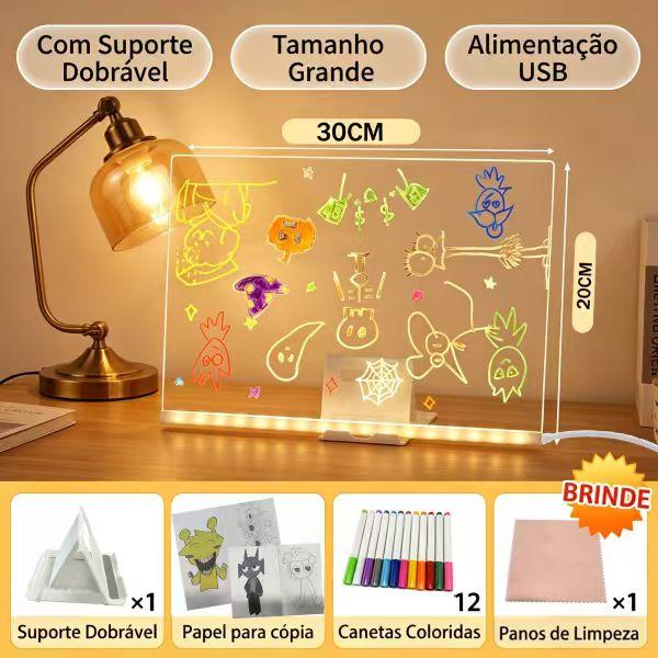 Kit completo: quadro 30x20cm, suporte dobrável, canetas e pano de limpeza