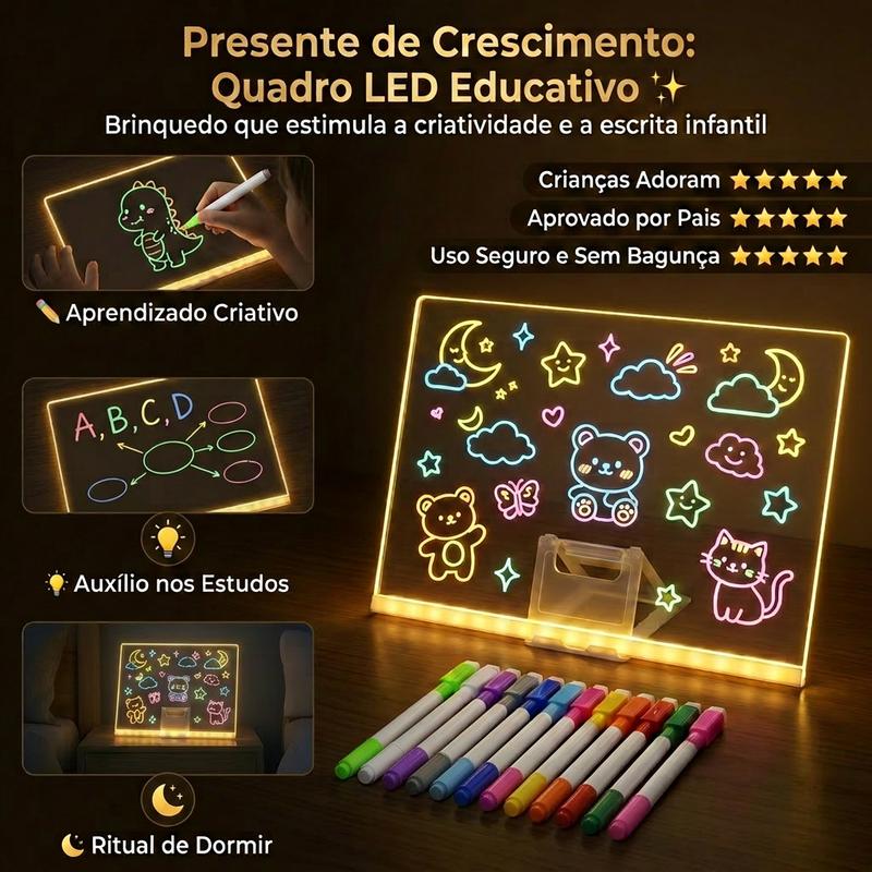 Quadro LED educativo com desenhos infantis e canetas coloridas